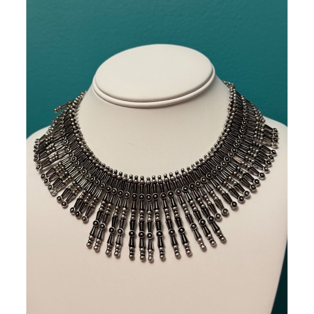 Bib Necklace Women Silver Tone Boho Tribal Fringe Statement Unique Funky Large